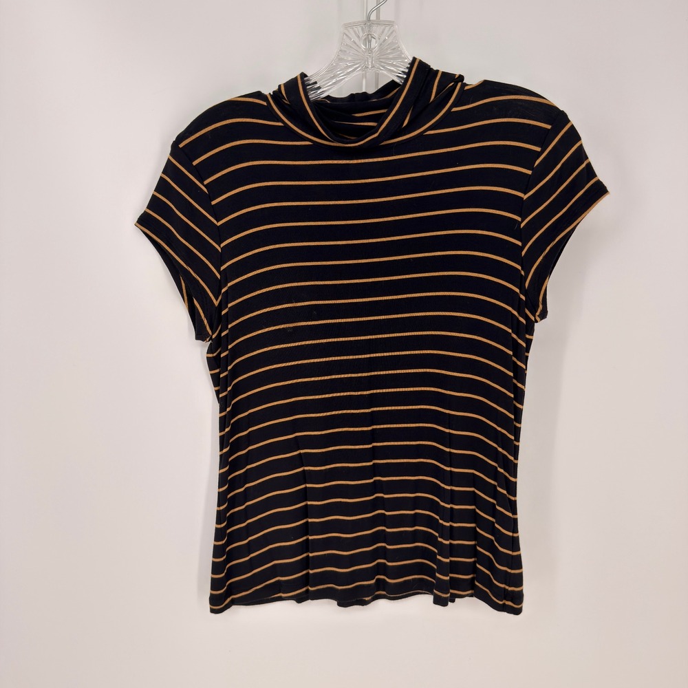 Cabi Mock Neck Top Womens Small Black Brown Striped Short Sleeve Ribbed Mod